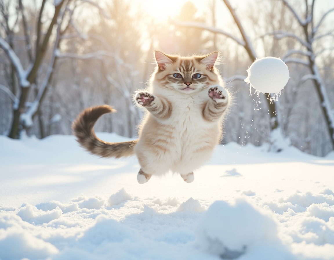 Cat leaps into the air, playfully trying to catch a snowball as it enjoys the winter wonderland with enthusiasm and excitement.